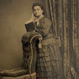 1800s Ferro Tintype Young Woman Fancy Tiered Dress Chair Studio or Home Portrait